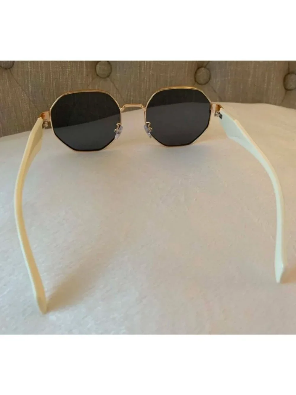 Unisex Octagon Gold Frame Sunglasses With Grey/Black Lenses & Ivory White Arms